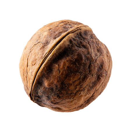 A close-up studio shot features a single, whole walnut presented on a white background. The nut's...