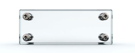 A clear, rectangular acrylic sign plate is presented on a white background. Four silver screws are...
