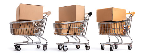 Three identical metal shopping carts are lined up side-by-side against a white background. Each cart...