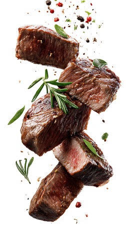 Rosemary showing steak pieces with rosemary and spices. High resolution image. Clear details and vibrant colors enhance visual appeal.の写真素材
