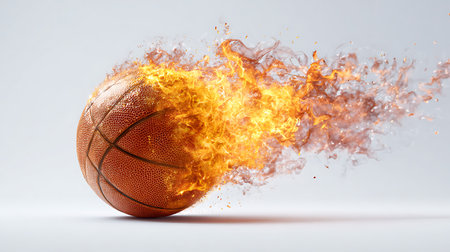 A basketball is dramatically engulfed in vibrant orange and yellow flames, creating a sense of...