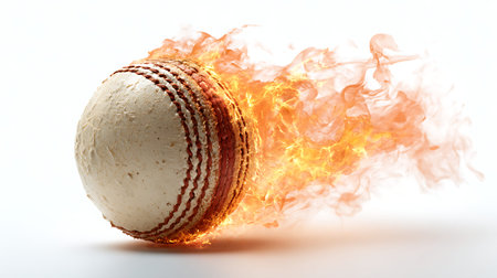 A close-up of a white cricket ball with prominent red stitching is dramatically set ablaze, with...