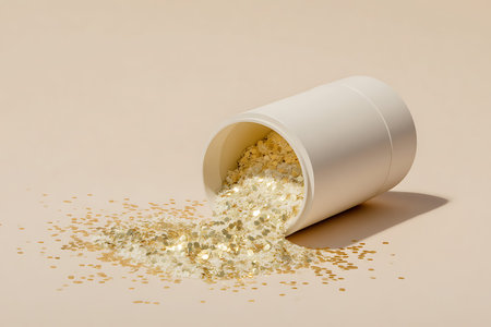 A white cylindrical container is tipped over, spilling a cascade of gold and white glitter onto a...