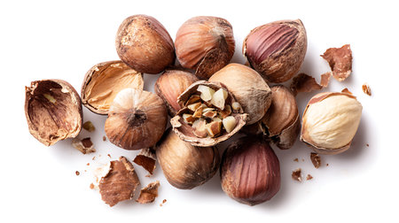 A collection of whole and broken hazelnuts are scattered across a white background. Some nuts are...