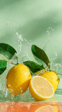 Three whole lemons and one half-lemon are in motion, splashing through water. Numerous water...