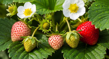 Strawberry plant with berries and leaves close-up. Nature backgroundの素材