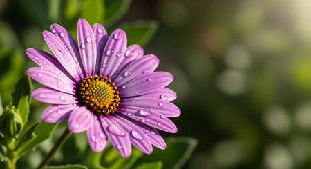 Beautiful purple daisy flower with water drops on petals.の素材