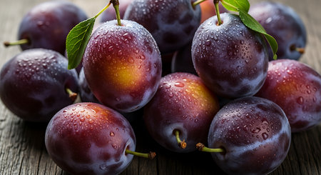 Ripe plums with water drops on wooden table, closeupの素材