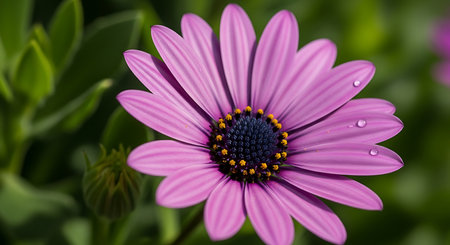 Close up of a purple daisy flower with water drops on petalsの素材