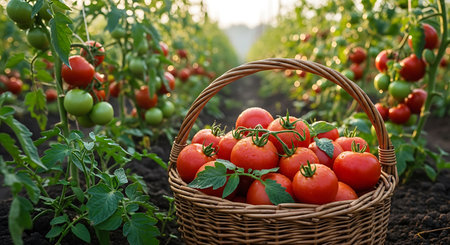 Ripe tomatoes in a wicker basket on the background of a field.の素材