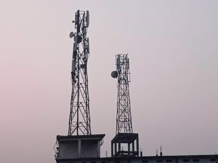 Telecommunication tower on the sky background. Telecommunication tower on the sky background.の写真素材