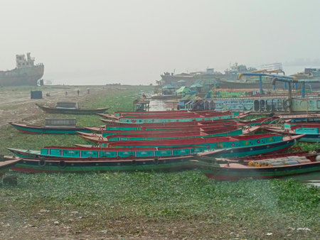 Fishing boats on the banks of the Ganges.の写真素材