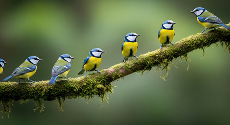 Group of Blue Tit (Parus caeruleus) perched on a branchの素材