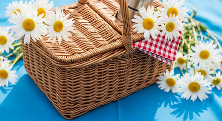 Picnic basket with chamomile flowers on blue background.の素材