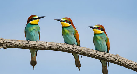 Group of bee-eaters (Merops apiaster) sitting on a branchの素材