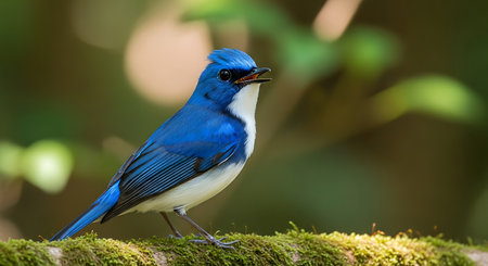 Beautiful blue bird, male Ultramarine Flycatcher (Cyornis superciliaris) perching on the mossy rockの素材