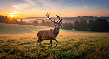 Deer in the meadow at sunrise. Panoramic image.の素材