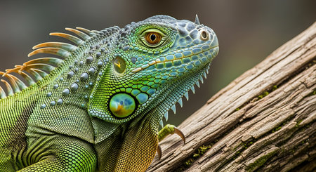 Green iguana on a branch in the forest. Close up.の素材