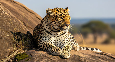 Leopard lying on a rock in the Serengeti National Park, Tanzaniaの素材