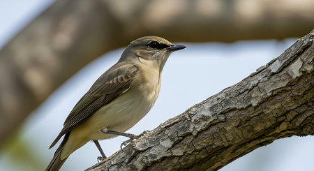 Female White-browed Flycatcher (Ficedula albicollis) perched on a branchの素材