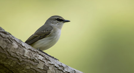 A closeup shot of a grey flycatcher on a branchの素材