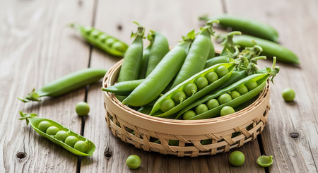 Fresh green peas in a basket on a wooden table, selective focusの素材