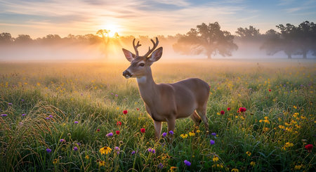 White-tailed deer in a meadow at sunrise in summer.の素材