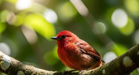 closeup shot of a red bird on a branch with blurred backgroundの素材