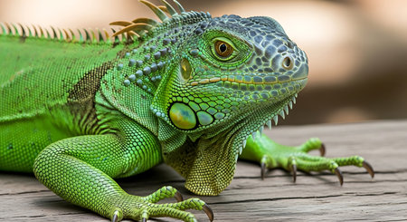 Green iguana on wooden background. Green iguana closeup.の素材