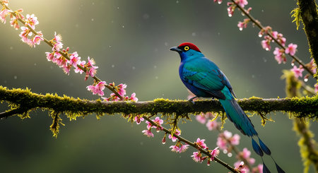 Colorful bird on a branch with sakura blossom in backgroundの素材