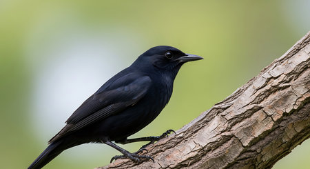 closeup shot of a black bird on a branch with green backgroundの素材