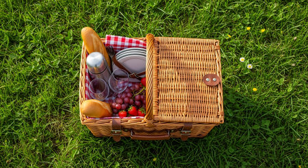 Picnic basket with fruit and bread on green grass, top viewの素材
