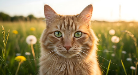 Cute ginger cat with green eyes in the meadow at sunsetの素材