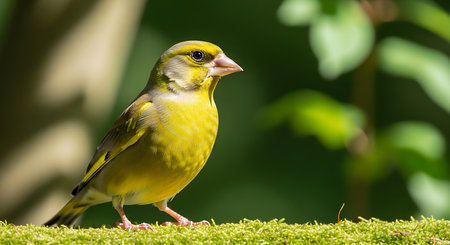 Greenfinch (Chloris chloris) on a green backgroundの素材