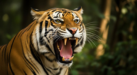 Close up of a tiger with open mouth and panthera tigrisの素材