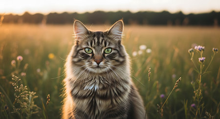 Portrait of a cat on a background of green grass at sunsetの素材