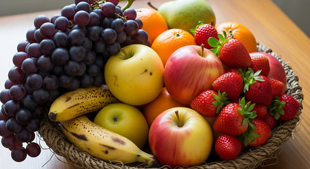 Fruits in a basket on a wooden table. Close up.の素材
