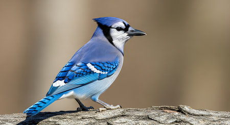 Blue Jay (Cyanocitta cristata) perched on a logの素材