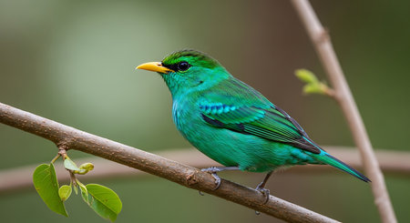 Beautiful Green-breasted Honeycreeper perching on a branchの素材