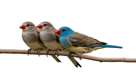 Colorful birds sitting on a branch isolated on a white background.の素材