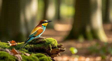 European bee eater (Merops apiaster) perched on a log in the forestの素材