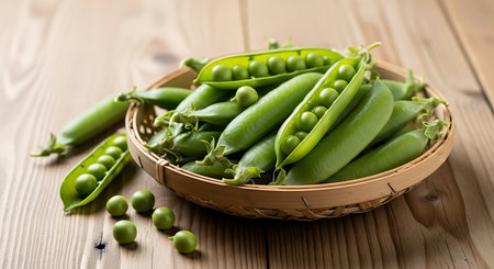 Fresh green peas in a basket on a wooden table, selective focusの素材