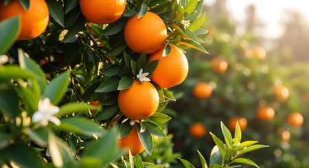 Ripe tangerines on the branches of a tree in the gardenの素材