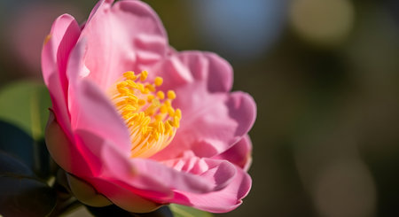 Pink camellia flower blooming in the garden on a sunny dayの素材