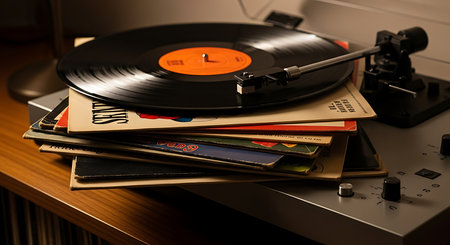 Vintage turntable with vinyl records, close-up viewの素材