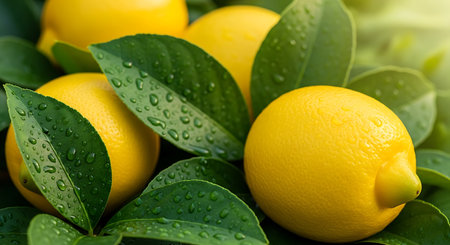 Lemons with leaves and water drops on them, closeupの素材