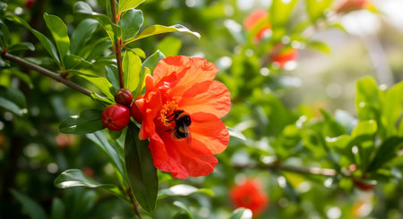 pomegranate flower and bumblebee on green leaf backgroundの素材