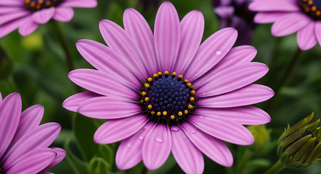 Close up of purple daisy flower with water drops on petalsの素材