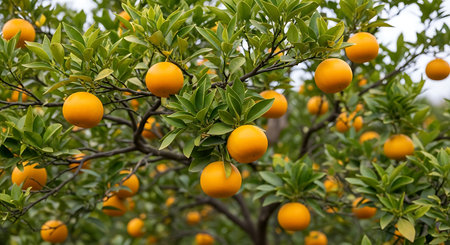 Orange tree in the garden. Orange tree with fruits. Orange grove.の素材