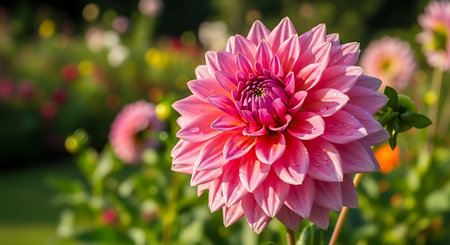 Beautiful pink dahlia flower with water drops in the gardenの素材